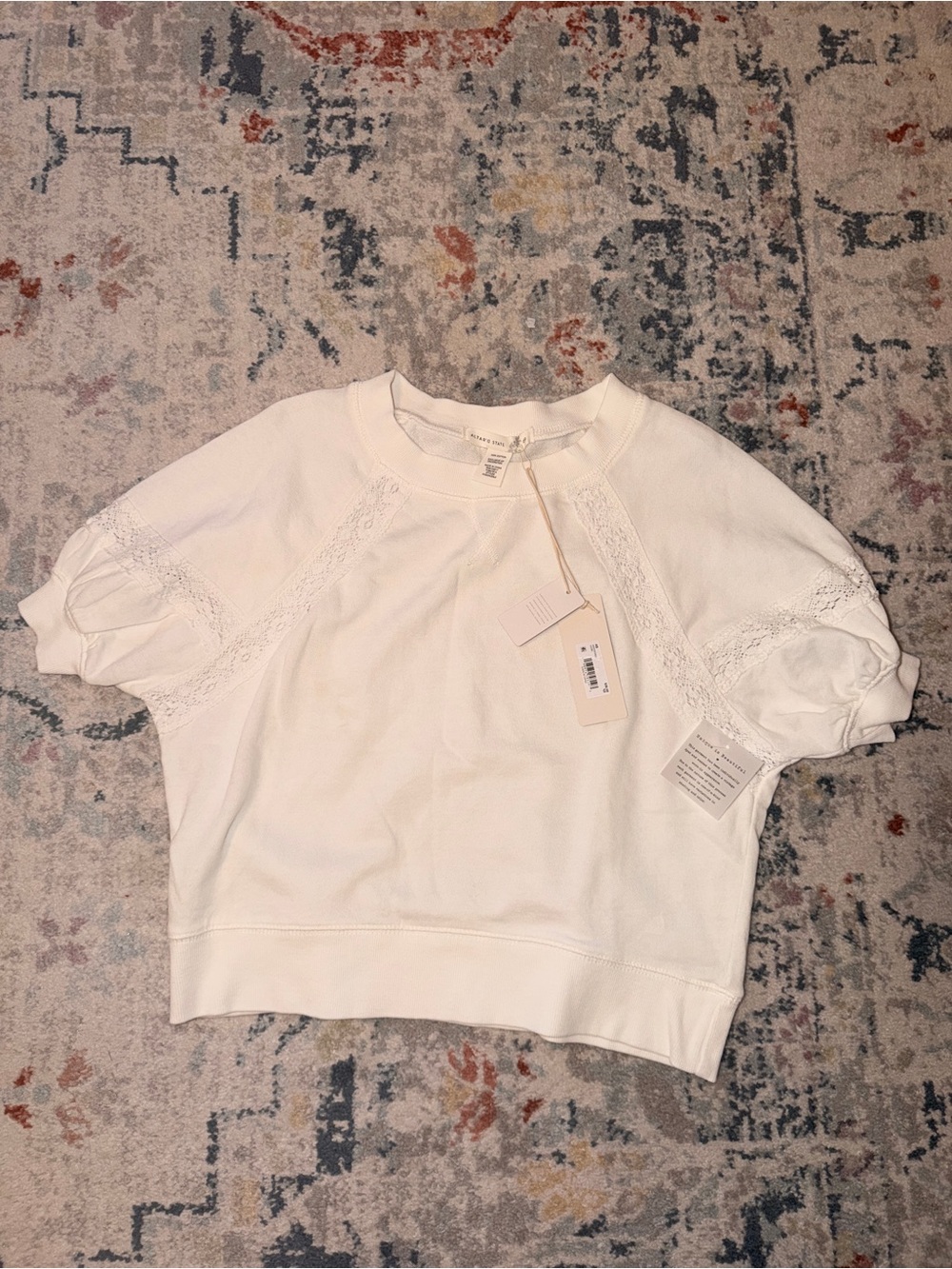 Altar’d State White Lace Puff Sleeve Sweatshirt Top NWT Size S